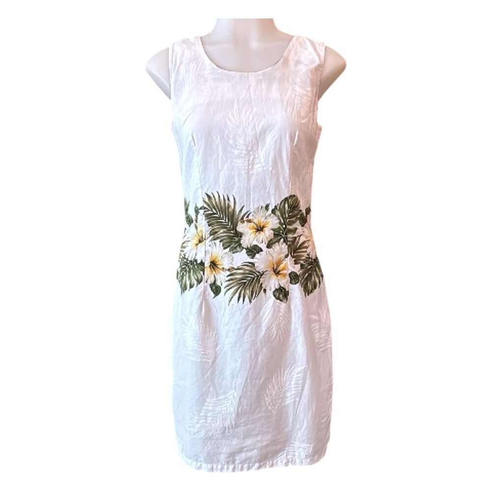 KY'S MADE IN HAWAII Vintage White Hibiscus Border Print Cotton Sheath Dress 1980